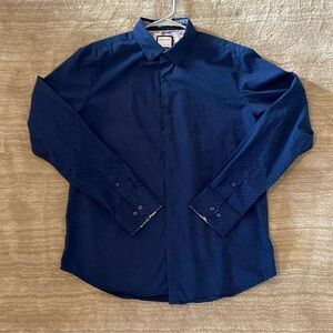 Men’s large, dark blue, long sleeve shirt, with contrasting cuffs.